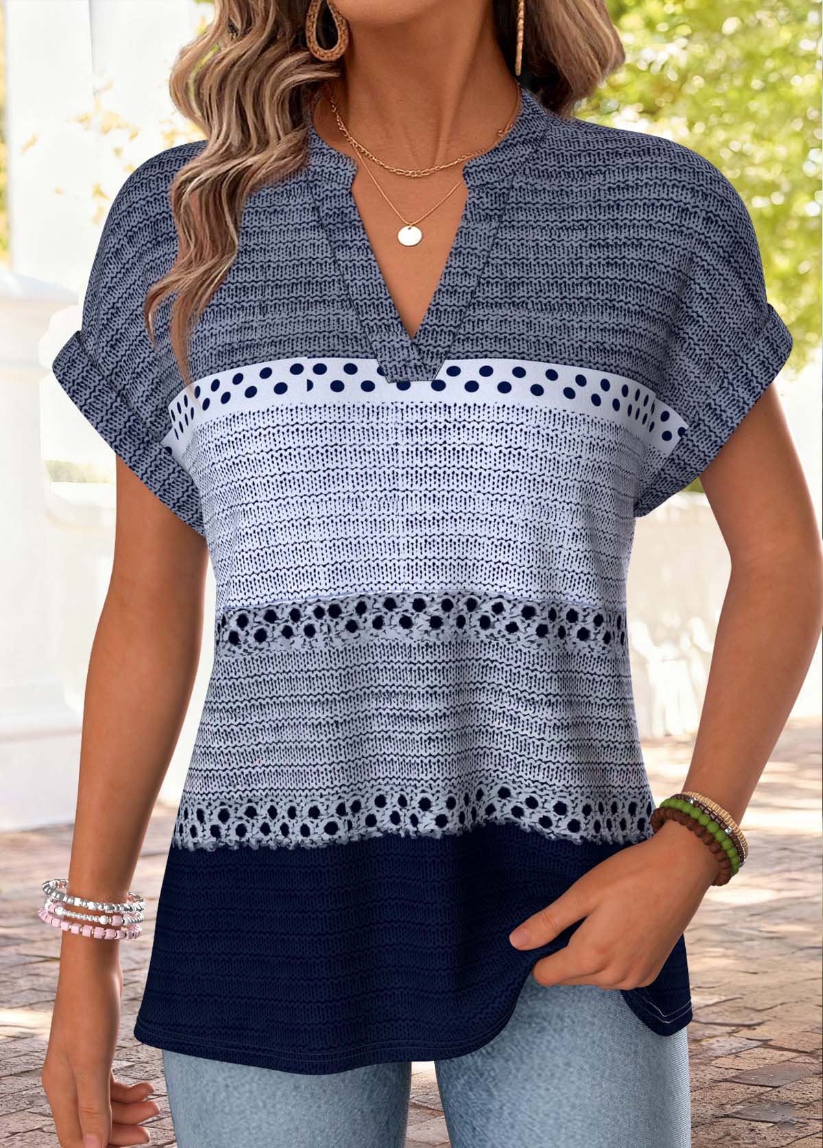 Plus Size Blue Striped Short Sleeve T Shirt | picture 