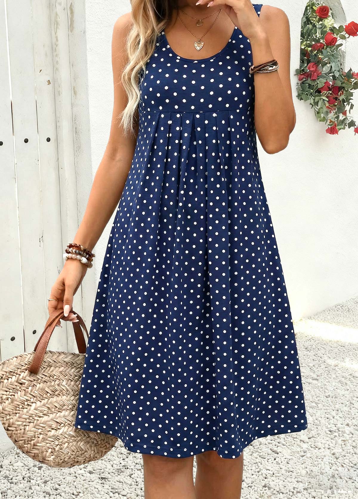 Navy Polka Dot Pleated A Line Sleeveless Dress | picture 