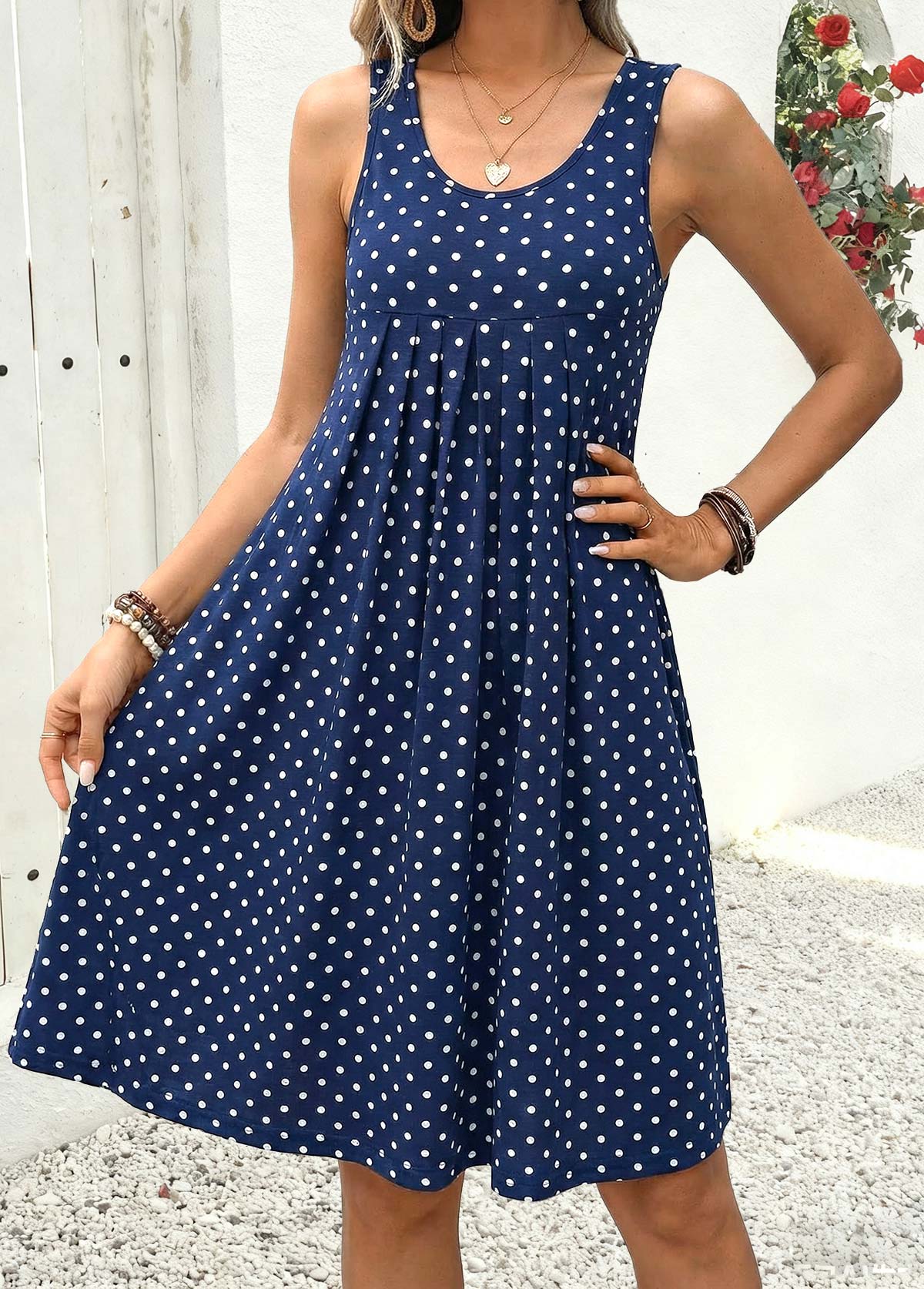 Navy Polka Dot Pleated A Line Sleeveless Dress | picture 