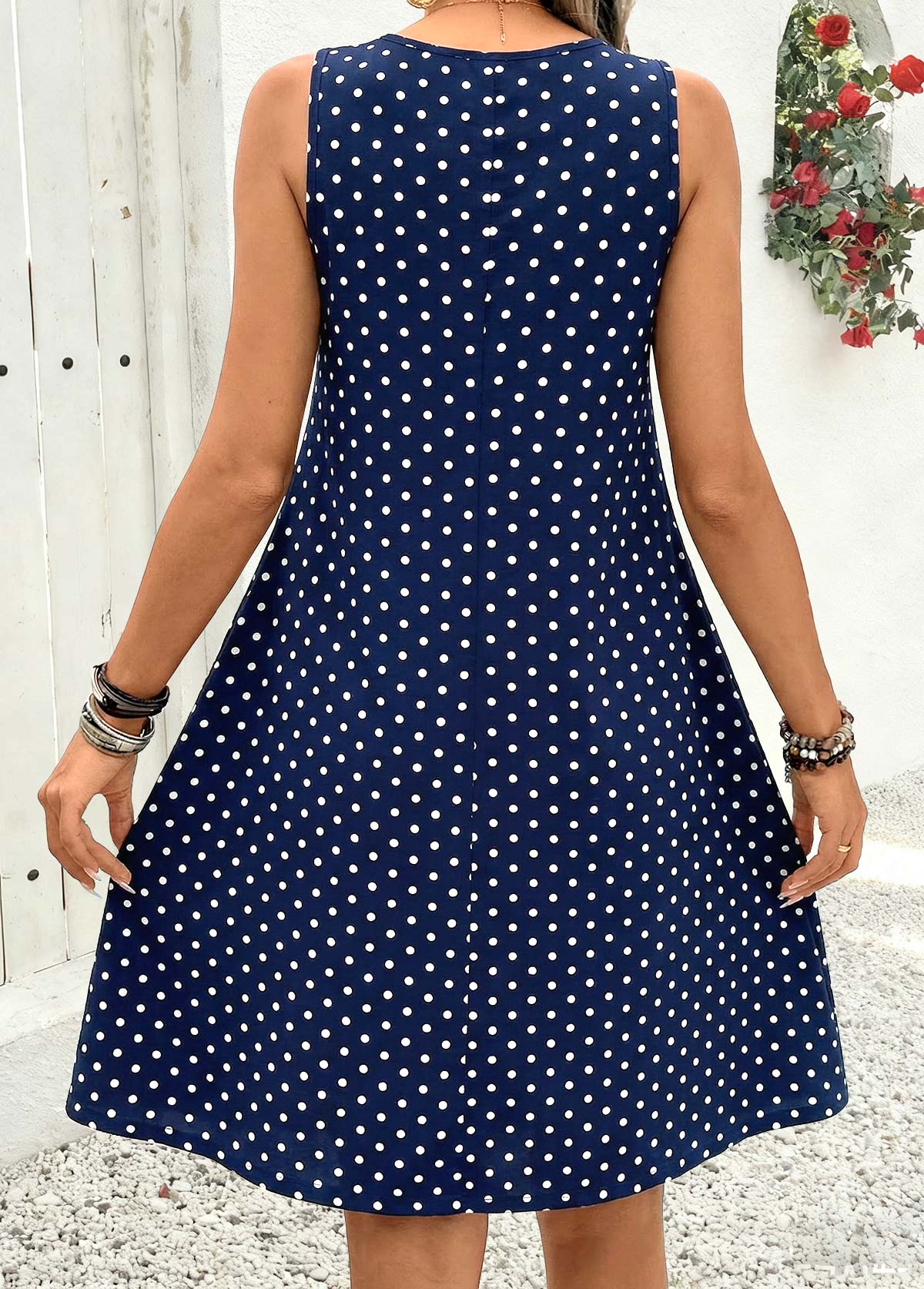 Navy Polka Dot Pleated A Line Sleeveless Dress | picture 