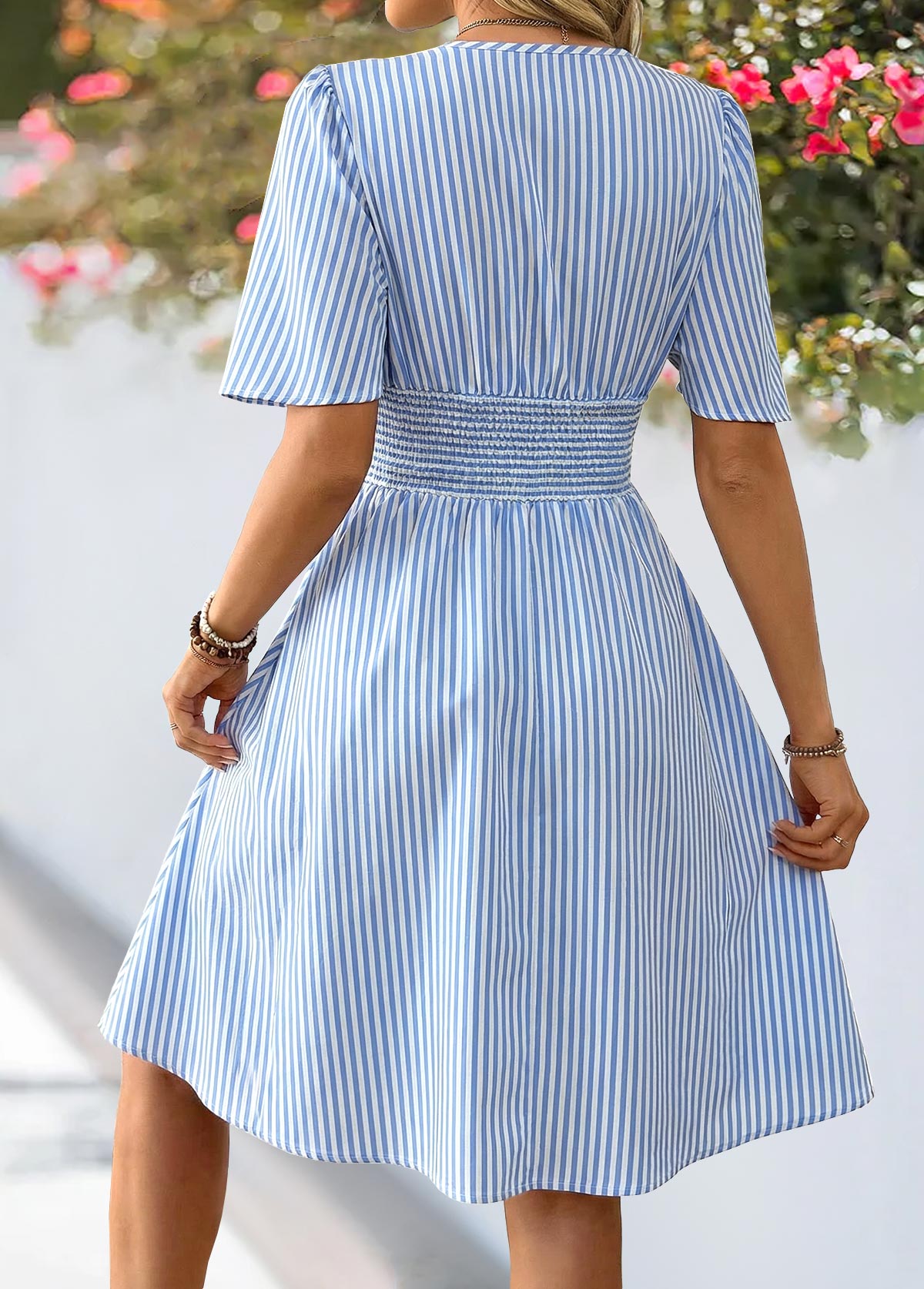 Blue Striped Smocked Short Sleeve V Neck Dress | picture 