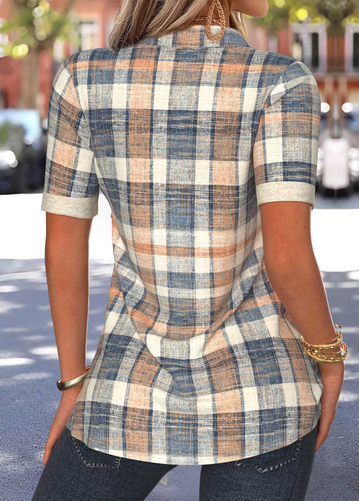 Light Camel Plaid Short Sleeve Fake Two Piece Twinset | picture 
