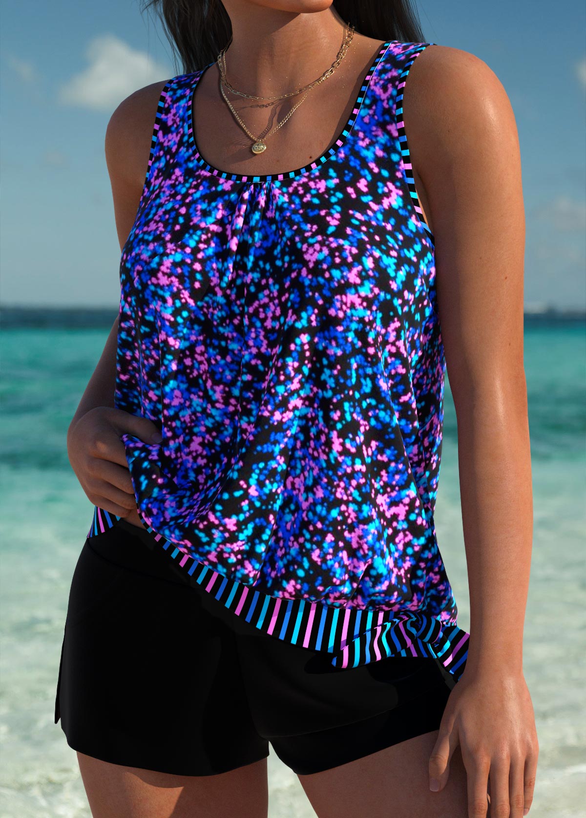 Multi Color Mid Waisted Blouson Tankini Set | picture 