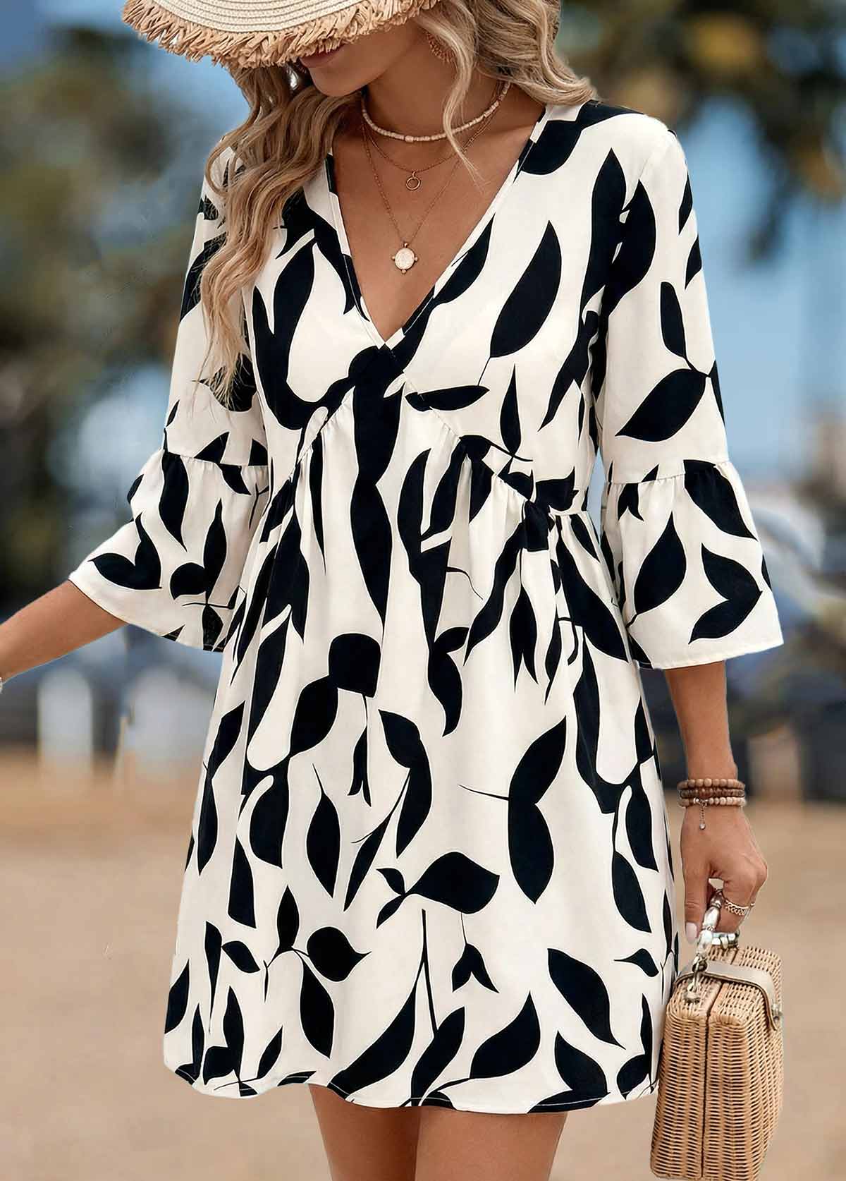 Light Coffee Leaf Print Short Shirred 3/4 Sleeve Dress | picture 