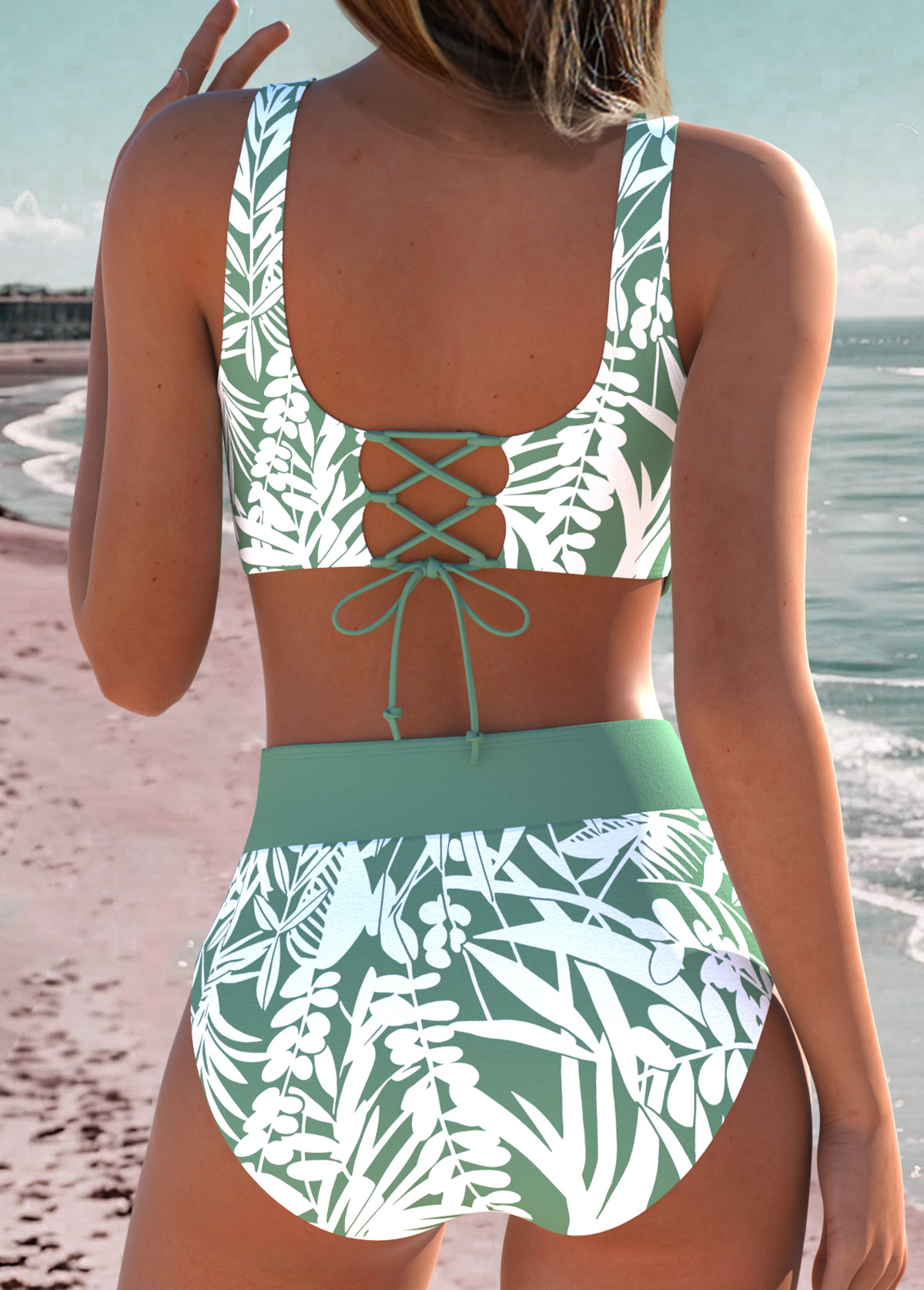 Sage Green Mid Waisted Surplice Leaf Print Bikini Set | picture 