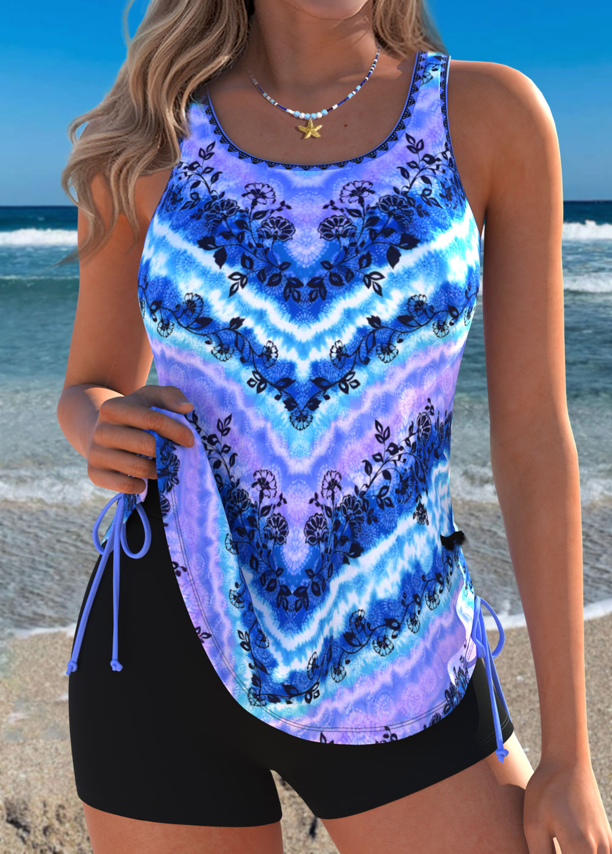 Purplish Blue Mid Waisted Drawstring Tankini Top-No Bottom | picture 