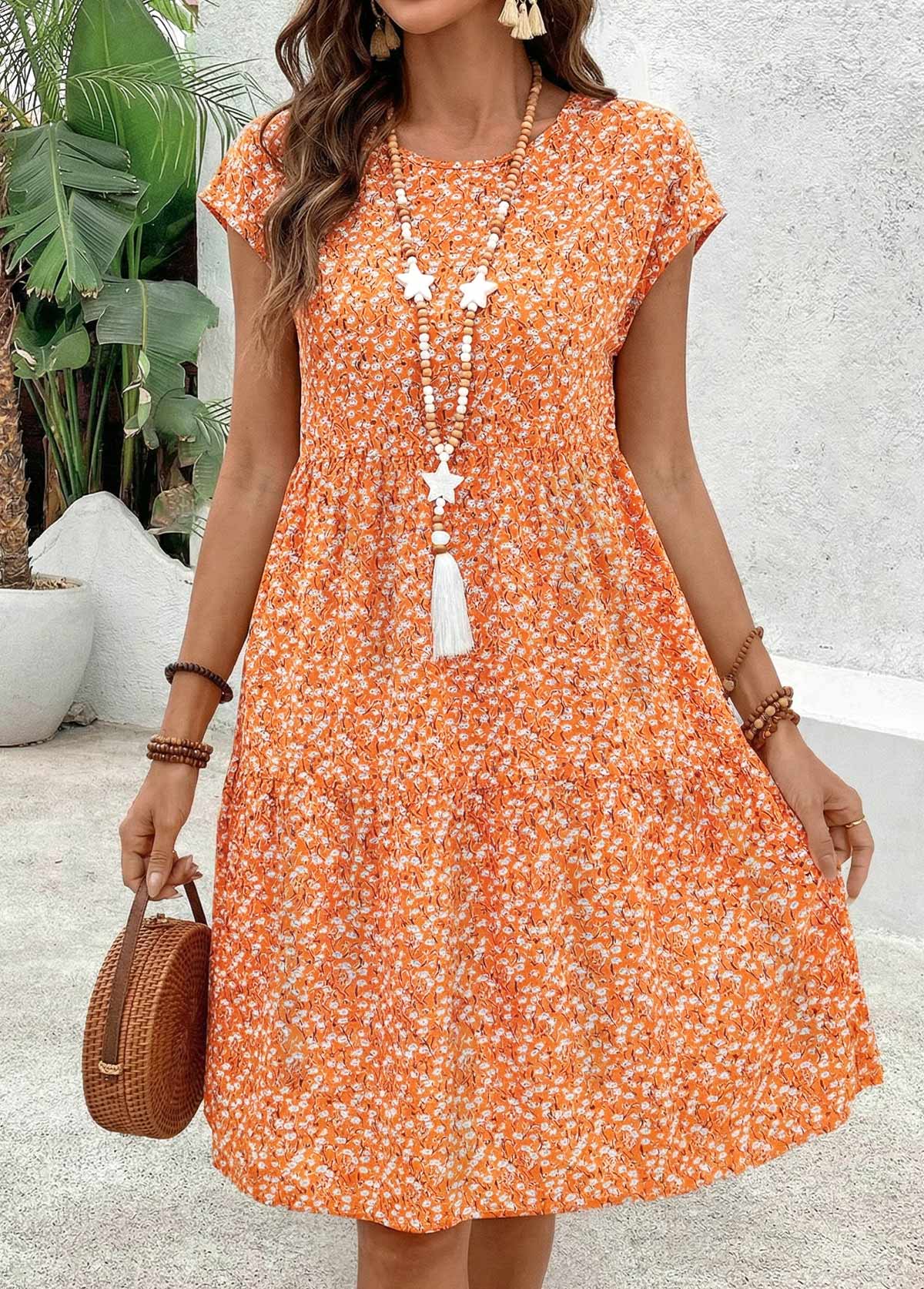 Orange Ditsy Floral Print Shirred Short Sleeve Dress | picture 