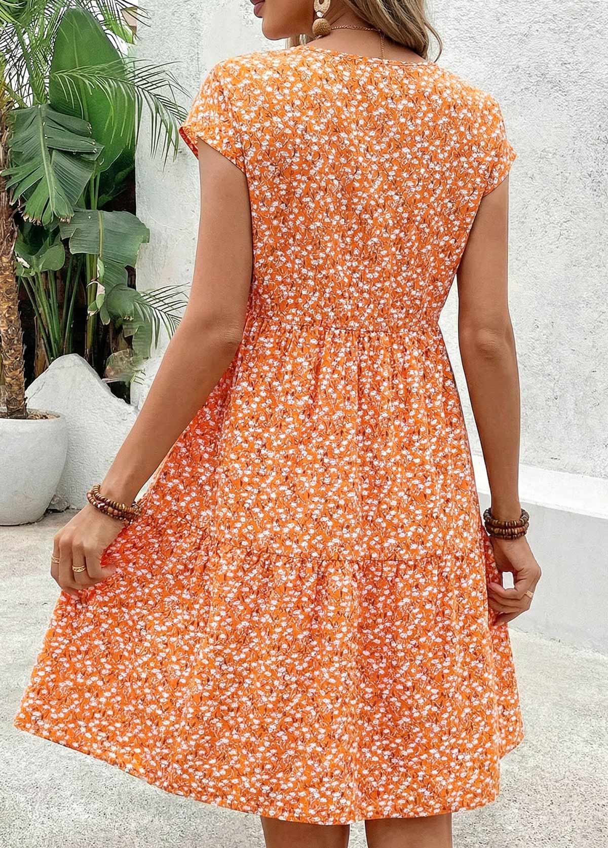 Orange Ditsy Floral Print Shirred Short Sleeve Dress | picture 