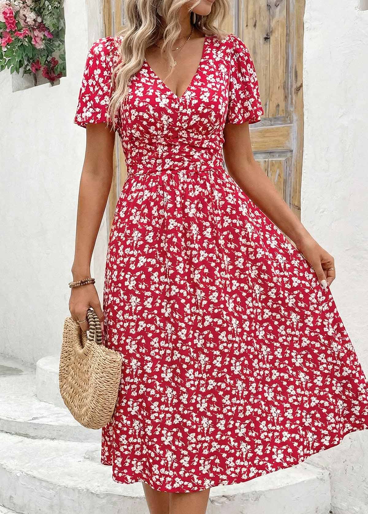 Red Ditsy Floral Print Smocked Short Sleeve Dress | picture 