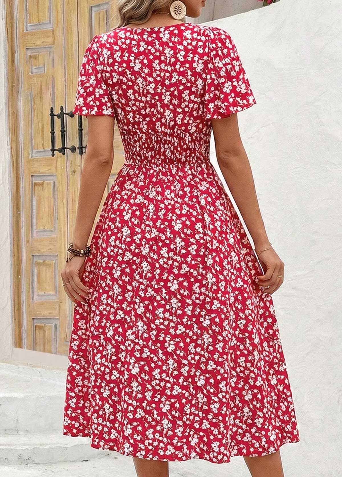Red Ditsy Floral Print Smocked Short Sleeve Dress | picture 