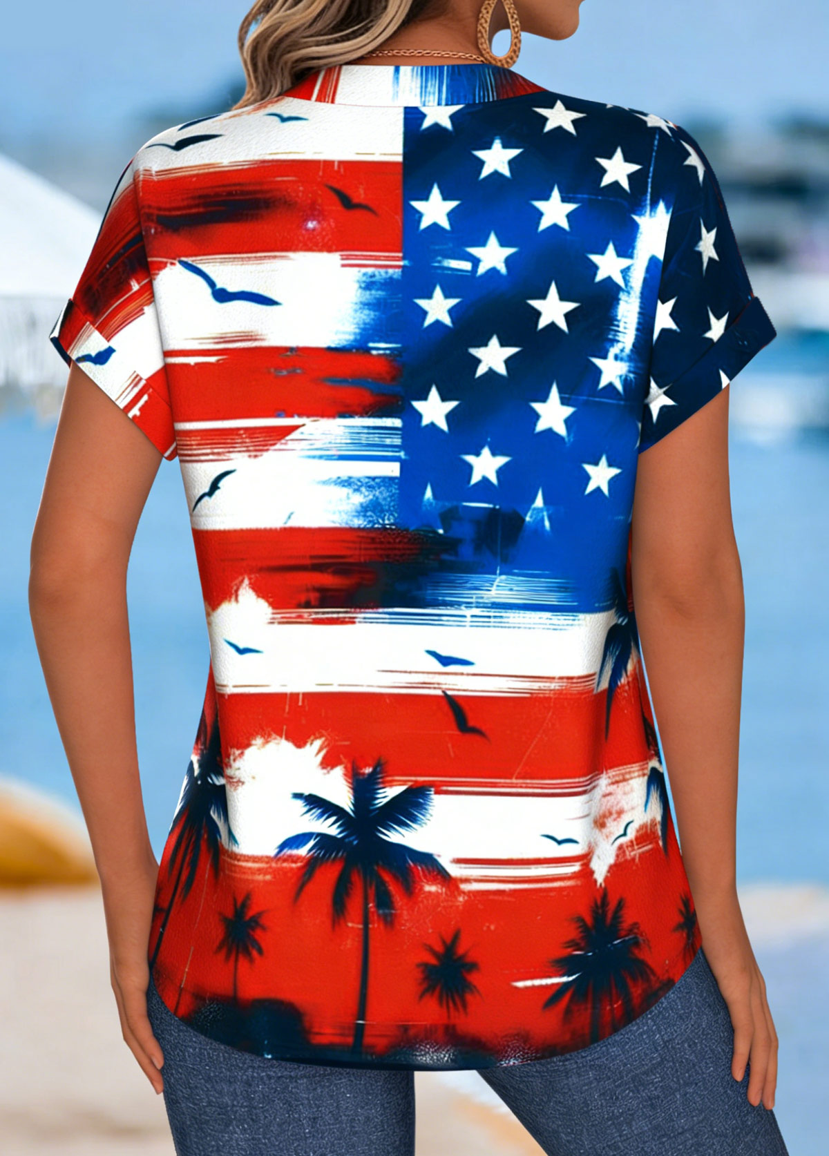 Red American Flag Print Tummy Coverage Short Sleeve Blouse | picture 