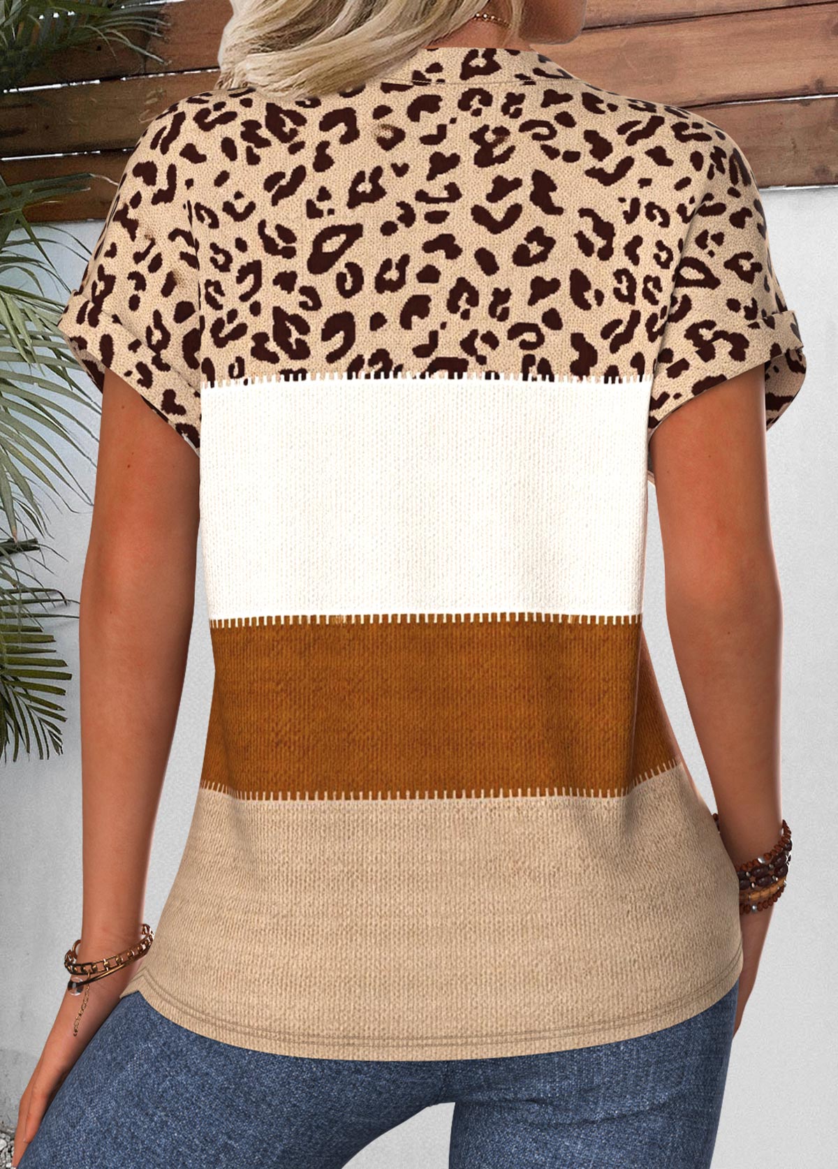 Light Coffee Leopard Tummy Coverage Short Sleeve Blouse | picture 
