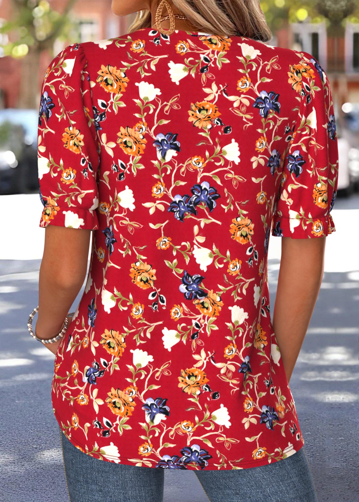 Red Floral Print Lace Trim Short Sleeve Blouse | picture 