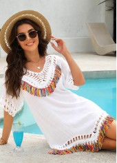 White Patchwork Tassel V Neck Cover Up | thumb picture 
