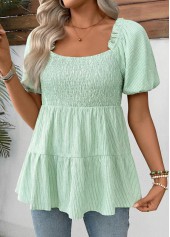 Light Green Striped Patchwork Short Sleeve Square Neck Blouse