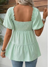 Light Green Striped Patchwork Short Sleeve Square Neck Blouse | thumb picture 