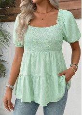 Light Green Striped Patchwork Short Sleeve Square Neck Blouse | thumb picture 