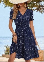 Navy Polka Dot Short Sleeve V Neck Dress