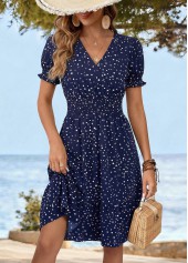 Navy Polka Dot Short Sleeve V Neck Dress | thumb picture 