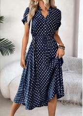 Navy Polka Dot Short Sleeve Split Neck Dress
