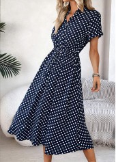 Navy Polka Dot Short Sleeve Split Neck Dress | thumb picture 