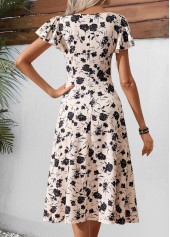 Beige Floral Print Short Sleeve Square Neck Dress | thumb picture 
