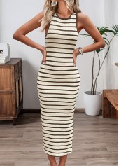 Beige Striped Sleeveless Round Neck Dress | thumb picture 