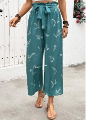 Turquoise Plants Print Wide Leg Elastic Waist Pants | thumb picture 