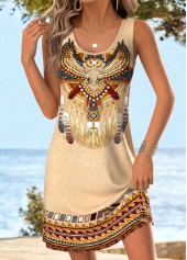 Light Camel Tribal Print Short Sleeveless Scoop Neck Dress
