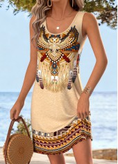 Light Camel Tribal Print Short Sleeveless Scoop Neck Dress | thumb picture 