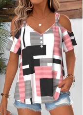 Multi Color Geometric Print Tie Short Sleeve T Shirt