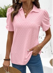 Pink Tummy Coverage Short Sleeve Turn Down Collar Blouse