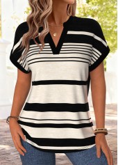 Black Striped Tummy Coverage Short Sleeve Split Neck Blouse | thumb picture 
