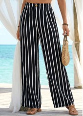 Black Soft Striped Wide Leg Elastic Waist Pants