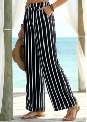 Black Soft Striped Wide Leg Elastic Waist Pants | thumb picture 