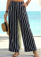 Black Soft Striped Wide Leg Elastic Waist Pants | thumb picture 