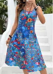 Blue Ditsy Floral Print Shirred Sleeveless Scoop Neck Dress | thumb picture 