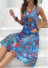 Blue Ditsy Floral Print Shirred Sleeveless Scoop Neck Dress | thumb picture 