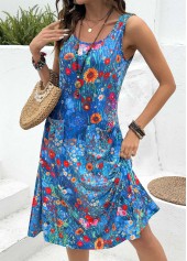 Blue Ditsy Floral Print Shirred Sleeveless Scoop Neck Dress