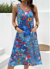 Blue Ditsy Floral Print Shirred Sleeveless Scoop Neck Dress | thumb picture 