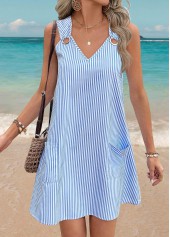 Light Blue Tummy Coverage Striped Short Sleeveless Dress