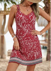 Red Leaf Print Short Tie Sleeveless V Neck Dress
