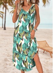 Green Leaf Print Tummy Coverage A Line Sleeveless Dress