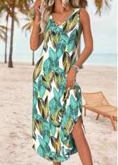 Green Leaf Print Tummy Coverage A Line Sleeveless Dress | thumb picture 