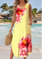 Light Yellow Floral Print Curved Hem Sleeveless Dress