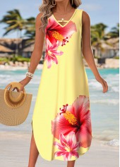 Light Yellow Floral Print Curved Hem Sleeveless Dress | thumb picture 