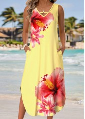 Light Yellow Floral Print Curved Hem Sleeveless Dress | thumb picture 