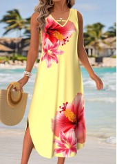 Light Yellow Floral Print Curved Hem Sleeveless Dress | thumb picture 