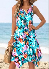 Multi Color Leaf Print Handkerchief Hem Sleeveless Dress