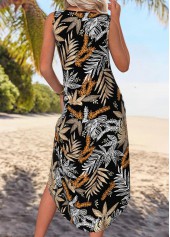 Black Leaf Print Curved Hem Sleeveless V Neck Dress | thumb picture 
